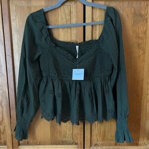 American Eagle Outfitters Dark Green Smocked Blouse